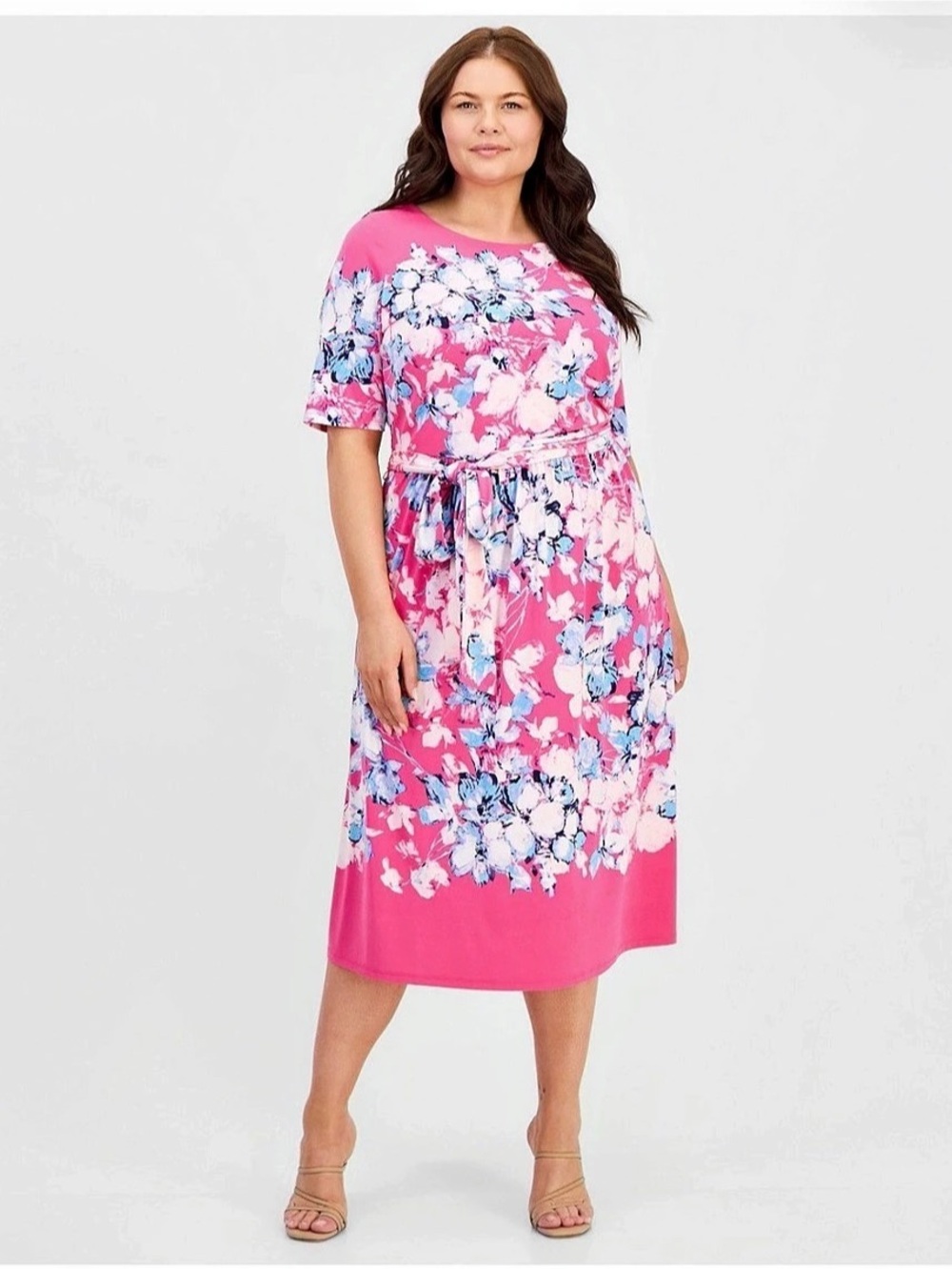 Kasper Plus Size Printed Short-Sleeve Midi Dress Pink & Blue 24W NEW